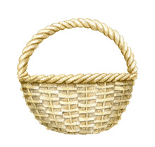Vintage Beige Wicker Basket Isolated On White Background. Watercolor Hand Drawn Illustration
