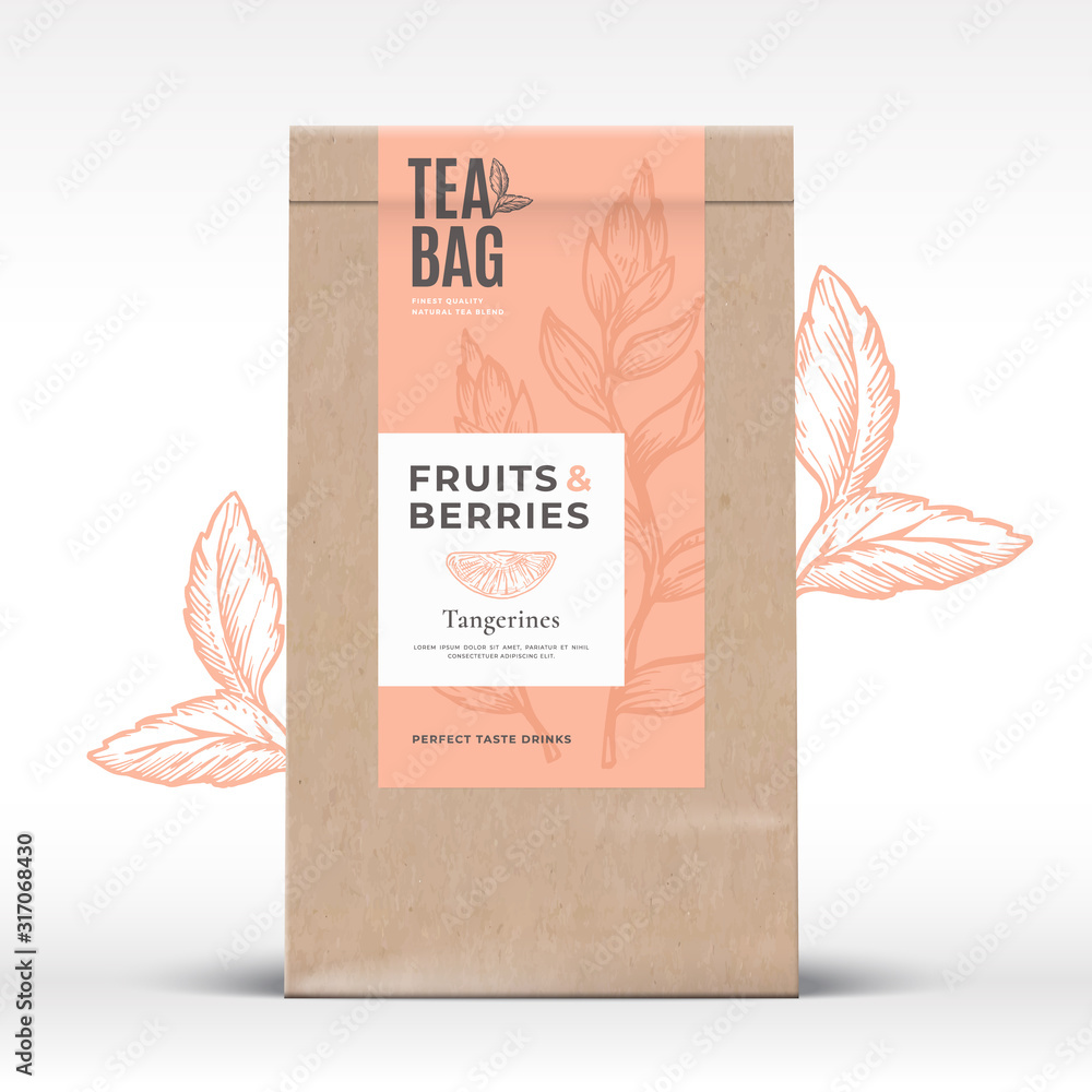 Craft Paper Bag with Fruit and Berries Tea Label. Abstract Vector Packaging Design Layout with Realistic Shadows. Modern Typography, Hand Drawn Tanferine and Leaves Silhouettes Background. - obrazy, fototapety, plakaty 
