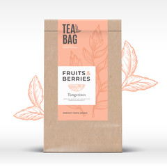 Wall Mural - craft paper bag with fruit and berries tea label. abstract vector packaging design layout with reali