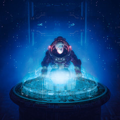 Wall Mural - deep space strategy session / 3d illustration of science fiction scene with armoured astronaut exami