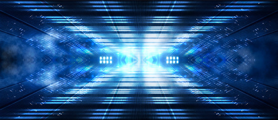 Background wall with neon lines and rays. Background dark corridor with neon light. Abstract background with lines and glow. Neon