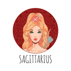 Wall Mural - Sagittarius zodiac sign artwork, beautiful girl face, horoscope symbol, star sign, vector illustration