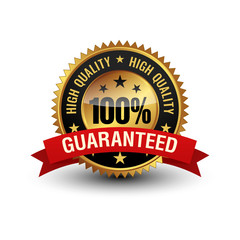 very powerful golden color 100% high quality guaranteed badge with red ribbon on top. isolated on wh