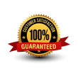 Powerful and majestic 100% customer satisfaction guaranteed label, with red ribbon on top. Isolated on white background,