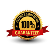 Powerful And Majestic 100% Customer Satisfaction Guaranteed Label, With Red Ribbon On Top. Isolated On White Background,
