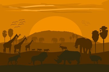 vector illustration: classic african landscape with wild animals and kilimanjaro.