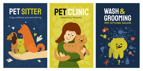 Set of posters for vet clinic, dog walking and pet sitting service, wash and grooming salon, veterinary hospital. Vector illustrations with dogs, cute girl hugging cat. Design for banner, flyer, cover