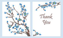 Watercolor Hand Painted Nature Two Frame Set Composition With Blue Blossom Flowers With Yellow Center On Brown Branches On The White Background With Thank You Text For Greeting Cards