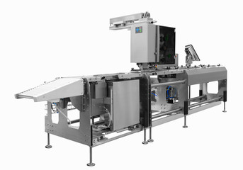 Automatic packing machine with plastic bag and paper box, high speed packing machine for food product industrial, high technology manufacturing process Isolated on white background