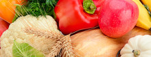Bright Background From Of Fruits And Vegetables. Wide Photo.