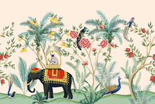 Vintage Indian Floral Palm Tree, Plant, Elephant Animal, Peacock Bird Seamless Border Pink Background. Exotic Oriental Wallpaper.