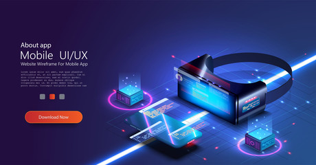 Wall Mural - Virtual or augmented reality concept in isometric vector illustration. VR/AR glasses connection to network. Can be used as website poster or landing page design. 3D VR glasses on blue grid background