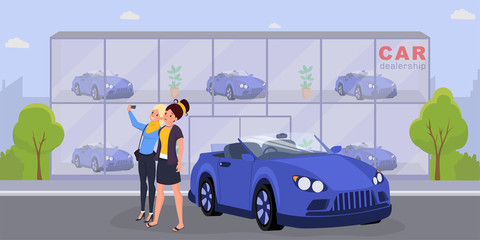 Women buying automobile flat vector illustration. Young girls, business ladies taking selfie outside car dealership center cartoon characters. Lesbian couple near luxury vehicle together