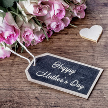 Happy Mother's Day Background Vintage Square - Bouquet Of Pink Roses On Rustic Wooden Table And Two Wooden Hearts, With Space For Text