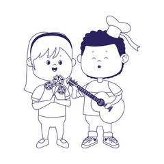 Poster - cartoon boy playing guitar and singing to a happy girl, flat design