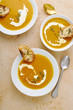 © The Picture Pantry - Flatlay with plates of squash soup with thyme, cream and cheese croutons
