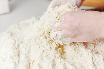 Knead dough with your hands. Woman's hands knead dough. Cooking pizza. Hands of the chef knead the dough for pizza.