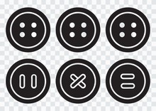 Black Round Clothing Buttons With Thread On Transparent Background. Vector Illustration