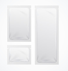 Poster - Realistic Detailed 3d White Blank Sachets Template Mockup Set. Vector