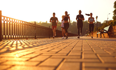 Wall Mural - Group training of people at dawn in the park.