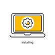 Installing Icon in trendy flat outline style. Download, update symbol for your design. Laptop and gear on screen. Vector illustration.