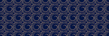 Long Seamless Background. Dark Blue Backdrop With Abstract Golden Pattern