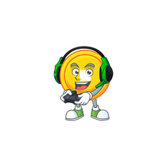 Sticker - Cool chinese gold coin cartoon mascot with headphone and controller