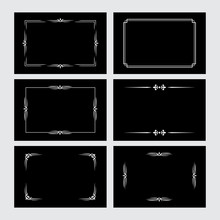 Set Of White Vintage Borders In Silent Film Style Isolated On Black Background. Vector Retro Design Elements.
