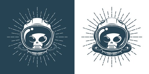 Wall Mural - alien in space helmet - vintage logo. martian face in a spacesuit - hipster retro emblem. vector ill