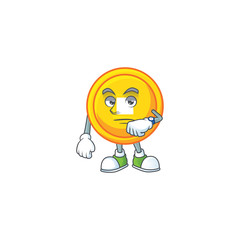 Poster - cartoon character design of chinese gold coin on a waiting gesture