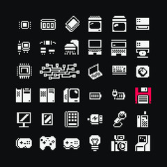 1-bit computers icons set, AI,  computer, microcircuit, gamepad, joystick, light bulb, drive. Design for mobile app, logo, sticker, web. Isolated pixel art vector illustration. Game assets.