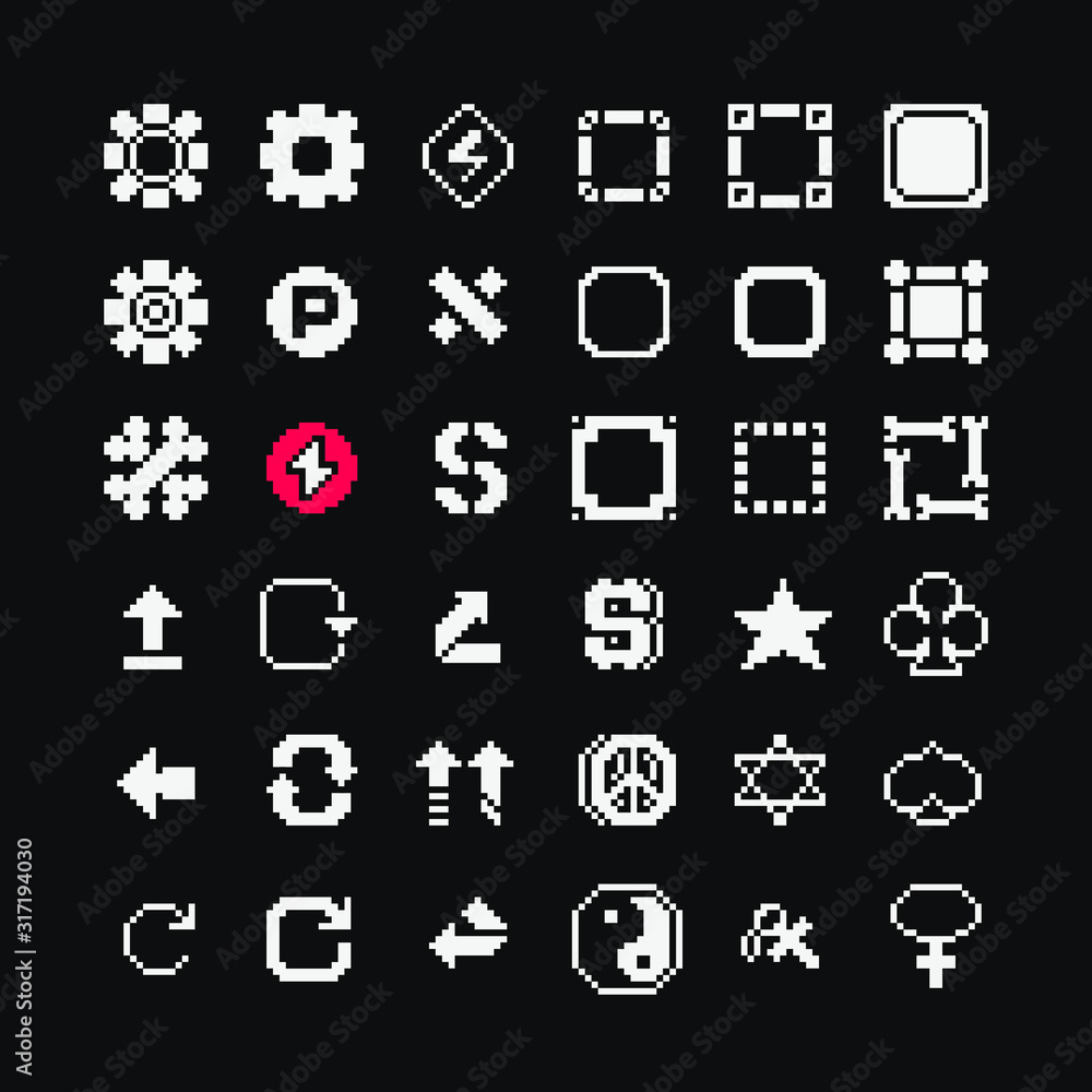 1-bit symbols icons set, gear, frame, yin yang, arrow, download ...
