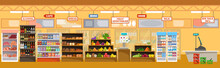 Supermarket Interior With Products. Big Store