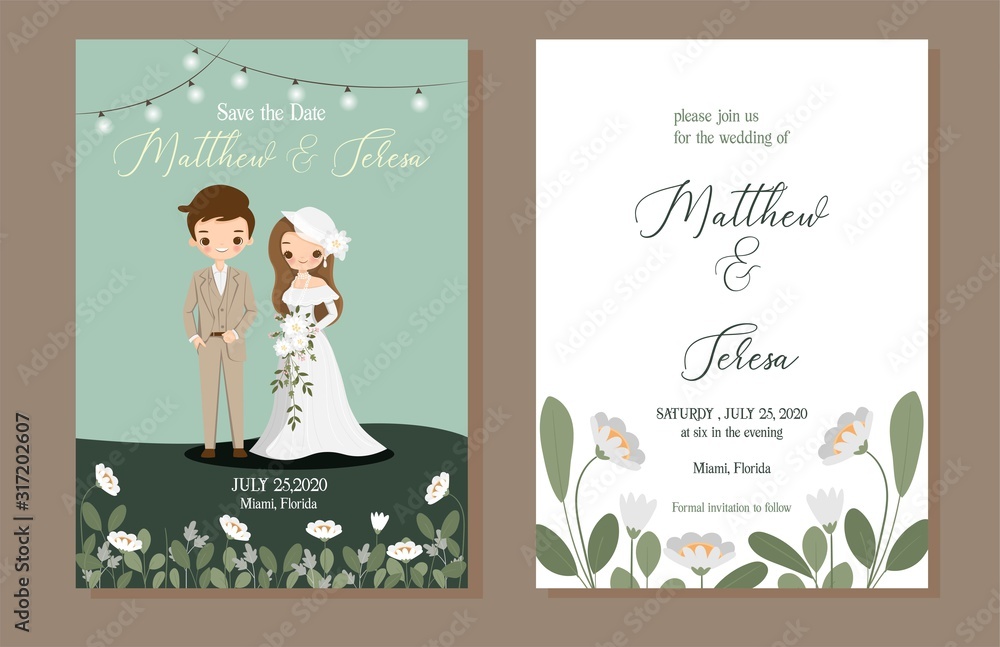 cute bride and groom with wedding invitation card template set - obrazy, fototapety, plakaty 
