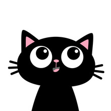 Black Cat Face Head Silhouette Looking Up. Cute Cartoon Character. Kawaii Smiling Animal. Baby Card. Pet Collection. Flat Design Style. Isolated. White Background.