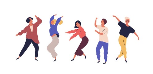 Set of dancing people having fun isolated on white background. Collection of smiling male and female in colorful clothing enjoying dance party. Cartoon dancers vector flat illustration