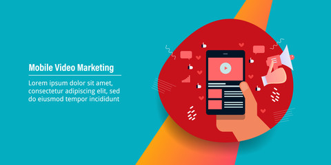 Wall Mural - mobile marketing, video advertising showing on smart phone screen. modern vector illustration, web b