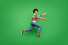 Full Size Profile Side Photo Of Funky Crazy Afro American Girl Jump Run Speedy Want Hug Embrace Her Best Fellow Wear Bright Shine Clothing Isolated Over Green Color Background
