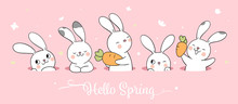 Draw White Bunny On Pink Pastel For Spring Season.