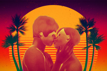 Couple kissing behind summer sunrise and palmtrees. 80's retrowave or synthwave or vaporwave style 3d rendering illustration. Love, partnership, emotion concepts. Mixed media.