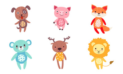 Poster - Cute Toy Animals Collection, Dog, Pig, Fox, Bear, Deer, Lion Vector Illustration