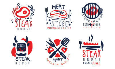 Wall Mural - Steak House Labels Collection, Meat Store Premium Quality Retro Hand Drawn Badges Vector Illustration