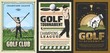 Vector golf course, golfer in uniform doing swing on fileld, club-and-ball sport. Golf sport club and academy, retro poster. Player on course, crossed sticks, hand in glove put ball on grass