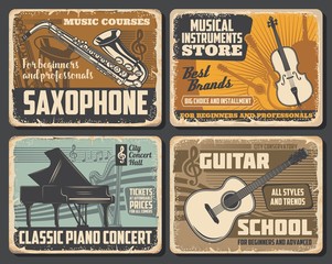 Sticker - Saxophone and guitar, classic piano and violin musical instruments, retro vector. Music notes silhouette, tickets on concert. Music school courses and musical instruments store