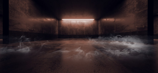 dark neon laser smoke fog orange glowing fluorescent garage underground parking car showcase empty b