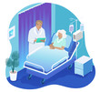 Doctor and a senior patient at hospital, isometric illustration