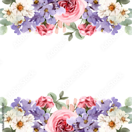set botanical flowers frame with watercolor for design