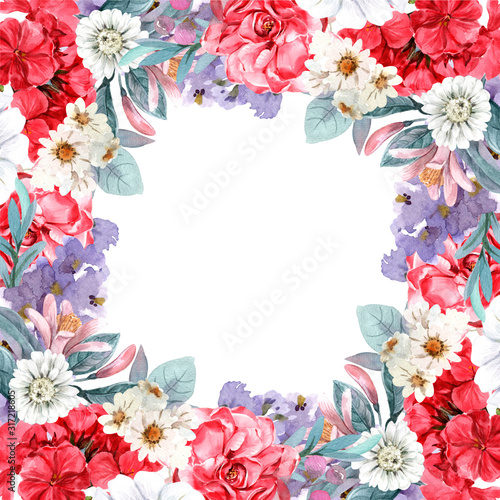 set botanical flowers frame with watercolor for design