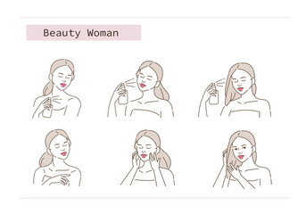 Wall Mural - Beauty Girl Take Care of her Face, Body and Hair. Woman Applying Beauty Treatment Products. Skin Care Routine, Hygiene and Moisturizing Concept. Flat Vector Illustration and Icons set.