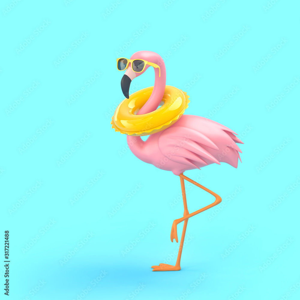 Funny flamingo in sunglasses with swimming ring on blue background - obrazy, fototapety, plakaty 